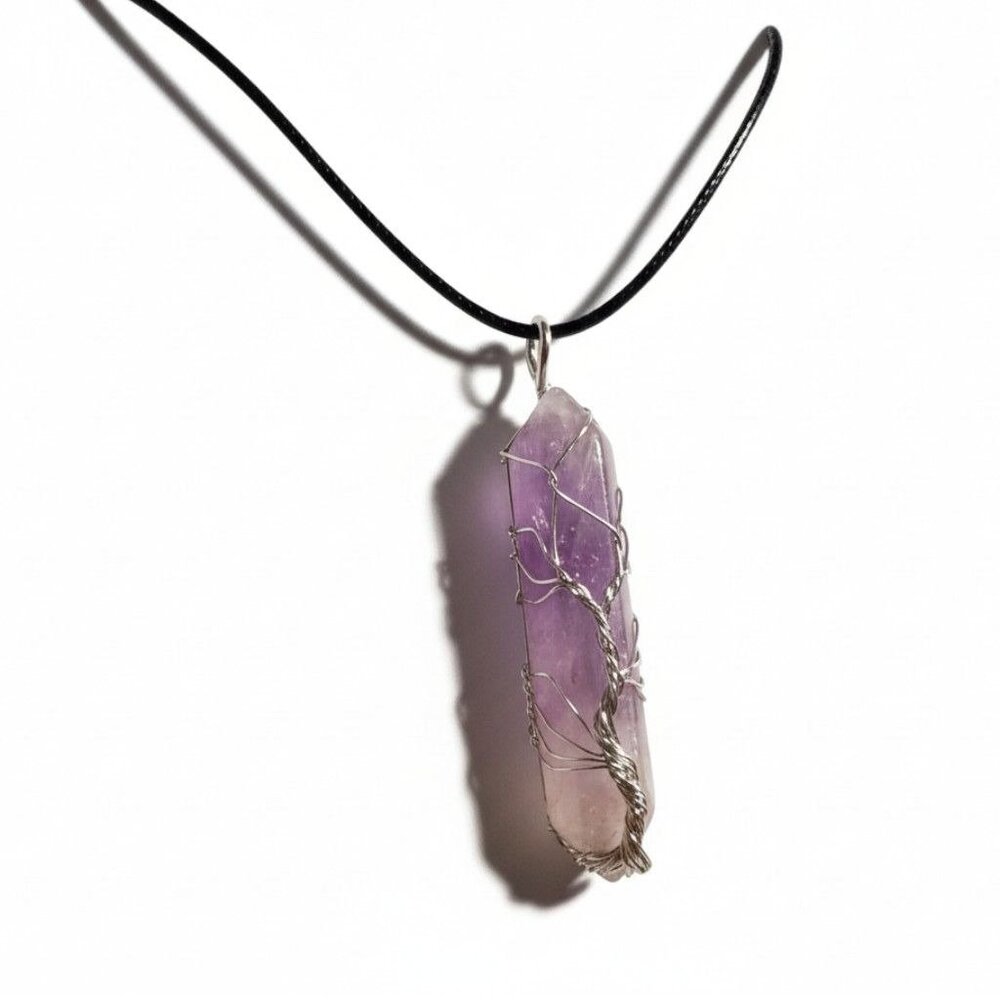 Amethyst Crystal Point Necklace - Tree of Life Wire Wrapped Pendant - 3rd Eye Ch